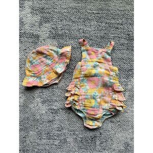 Angel Dear Floral Ruffle Muslin Sunsuit Romper and Sun Hat 18-24 Months Baby Gir